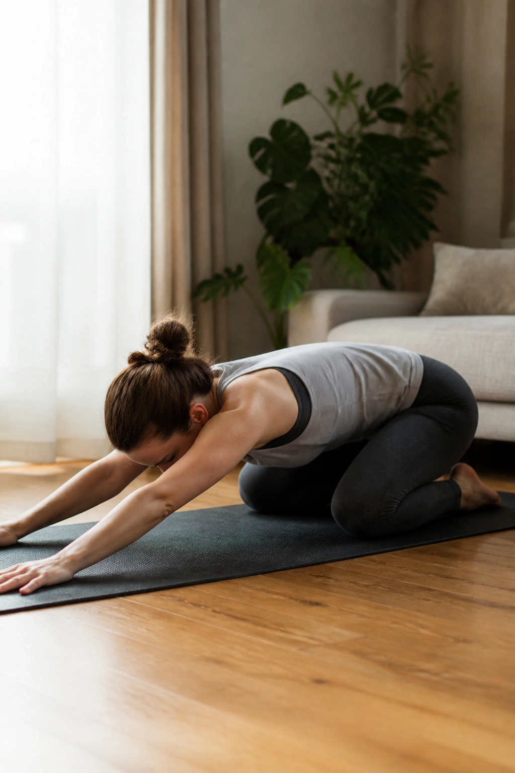 Real person performing quadruped rock-backs on a yoga mat in a home setting