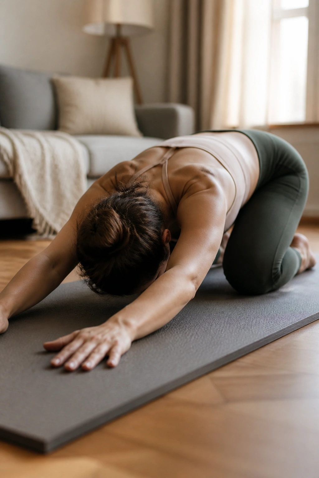 Close-up of a real woman performing Quadruped Rock Backs on hands and knees in a cozy living room