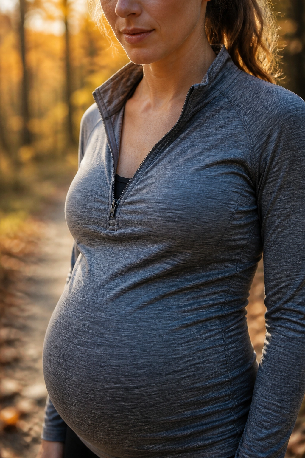 Pregnant woman wearing a lightweight maternity quarter-zip pullover outdoors