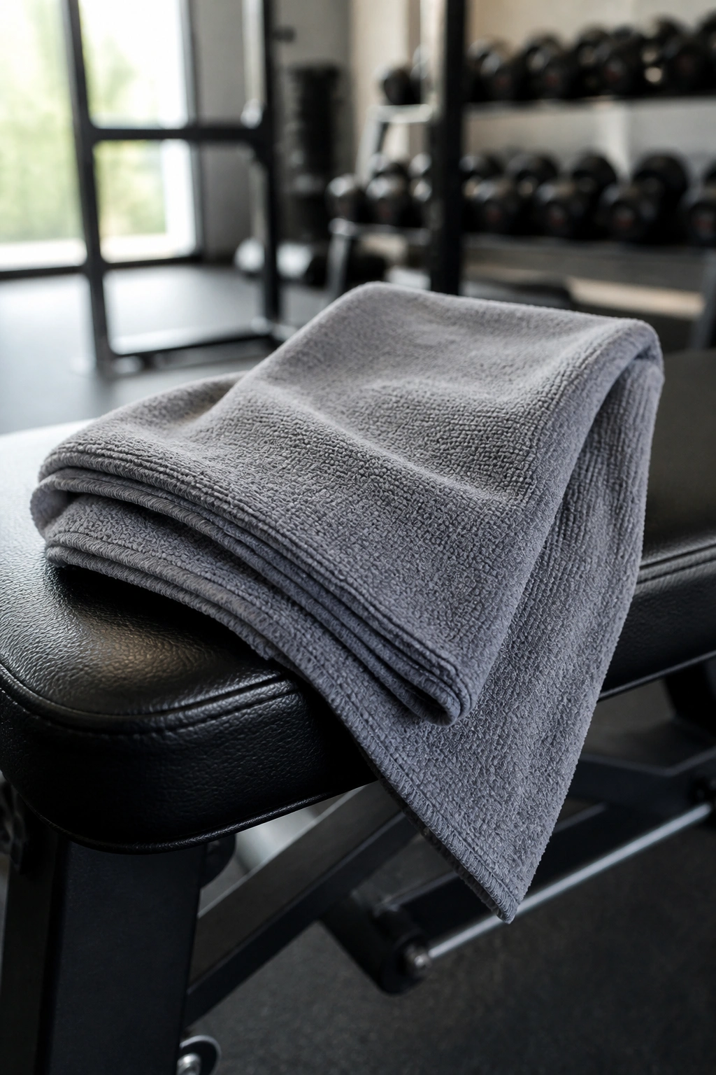 Close-up of a microfiber gym towel dominating frame on bench