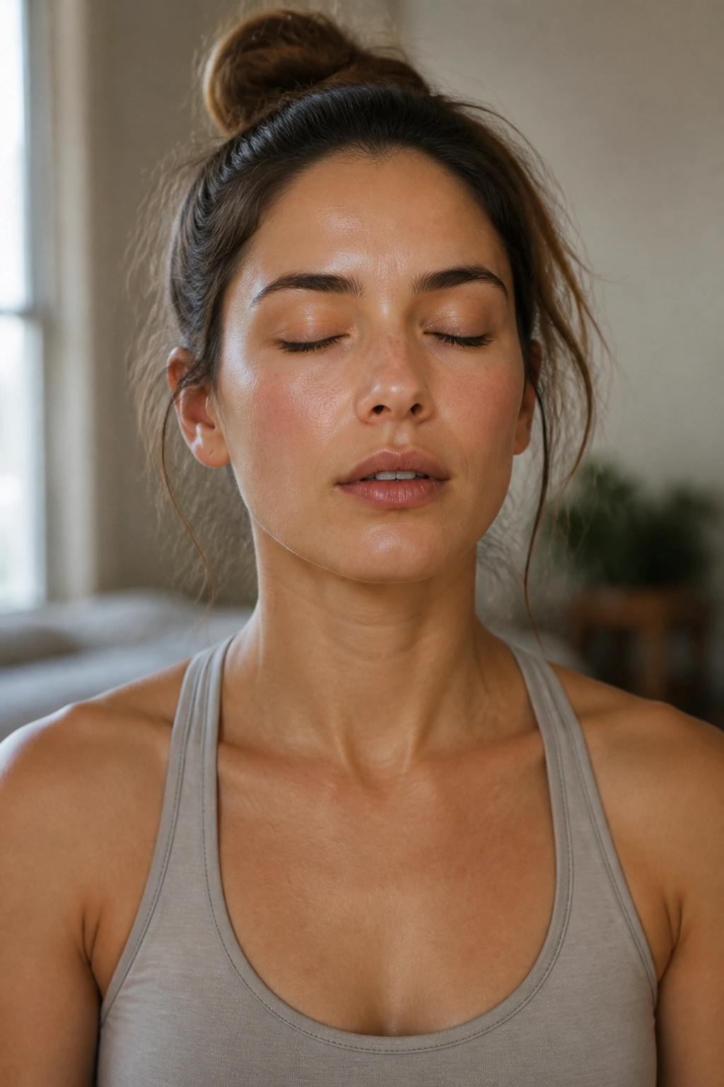Person seated performing Quick Reset Breathing with relaxed posture and calm expression