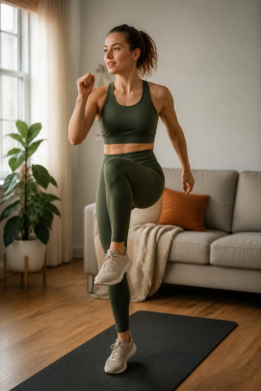 Real person doing quiet cardio moves in an apartment living room.