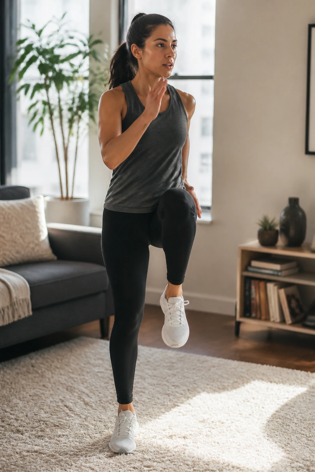 Person marching in place quietly in an apartment living room