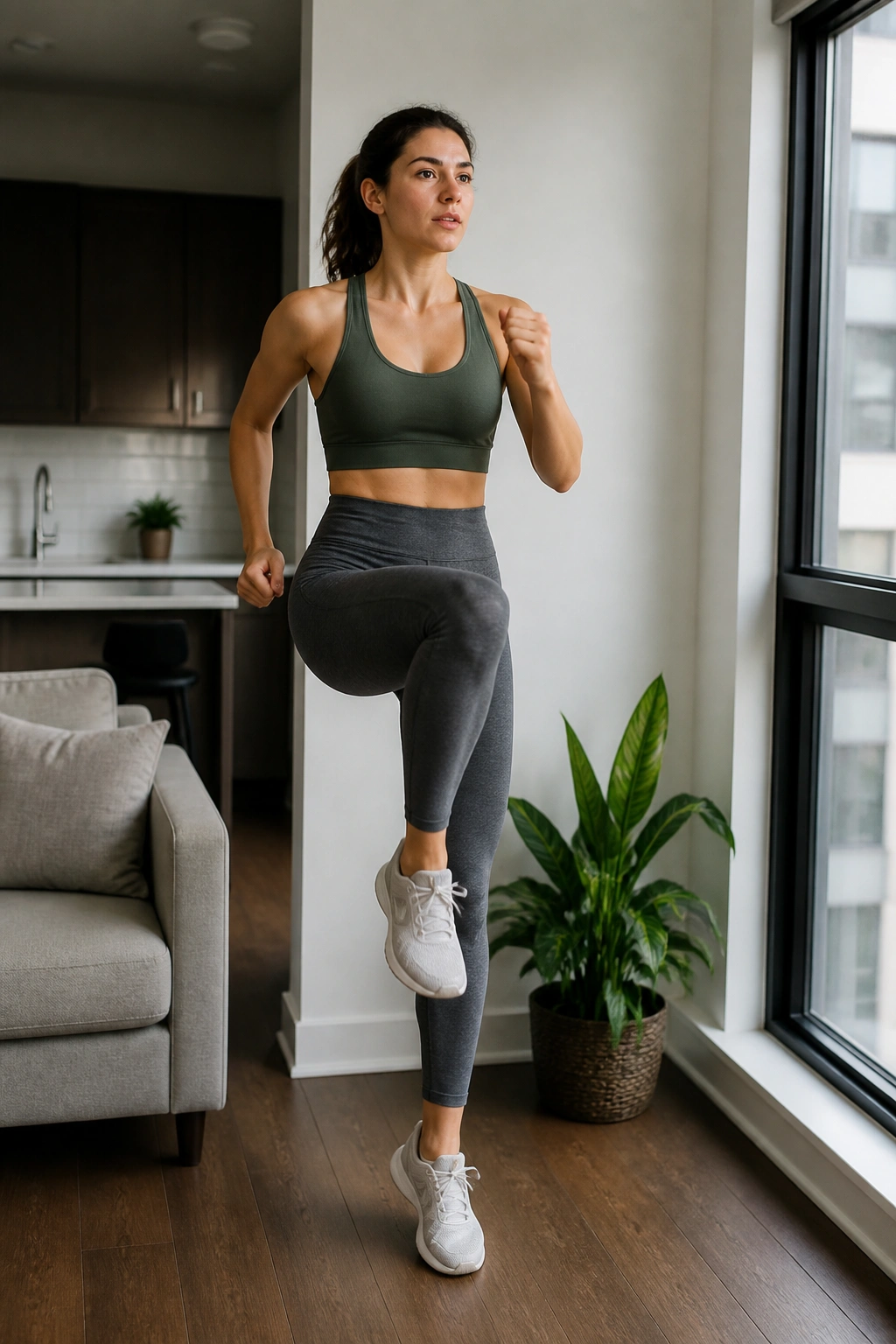 Person marching in place in a small apartment for quiet cardio