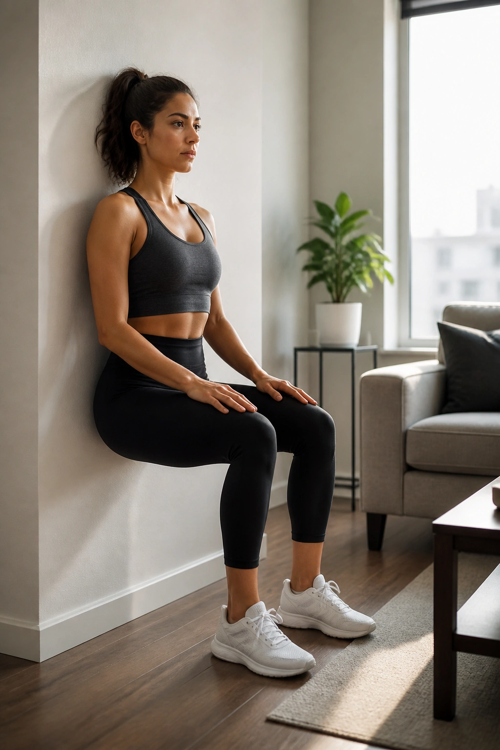 Person doing a quiet wall sit in a bright apartment living room