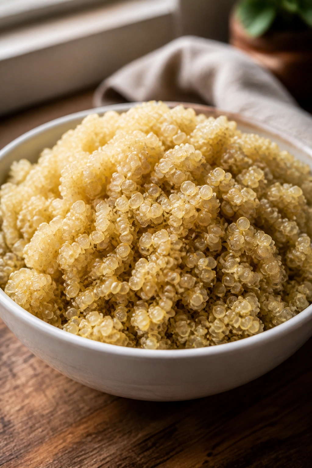 Close-up of cooked quinoa mound in a bowl highlighting grain texture