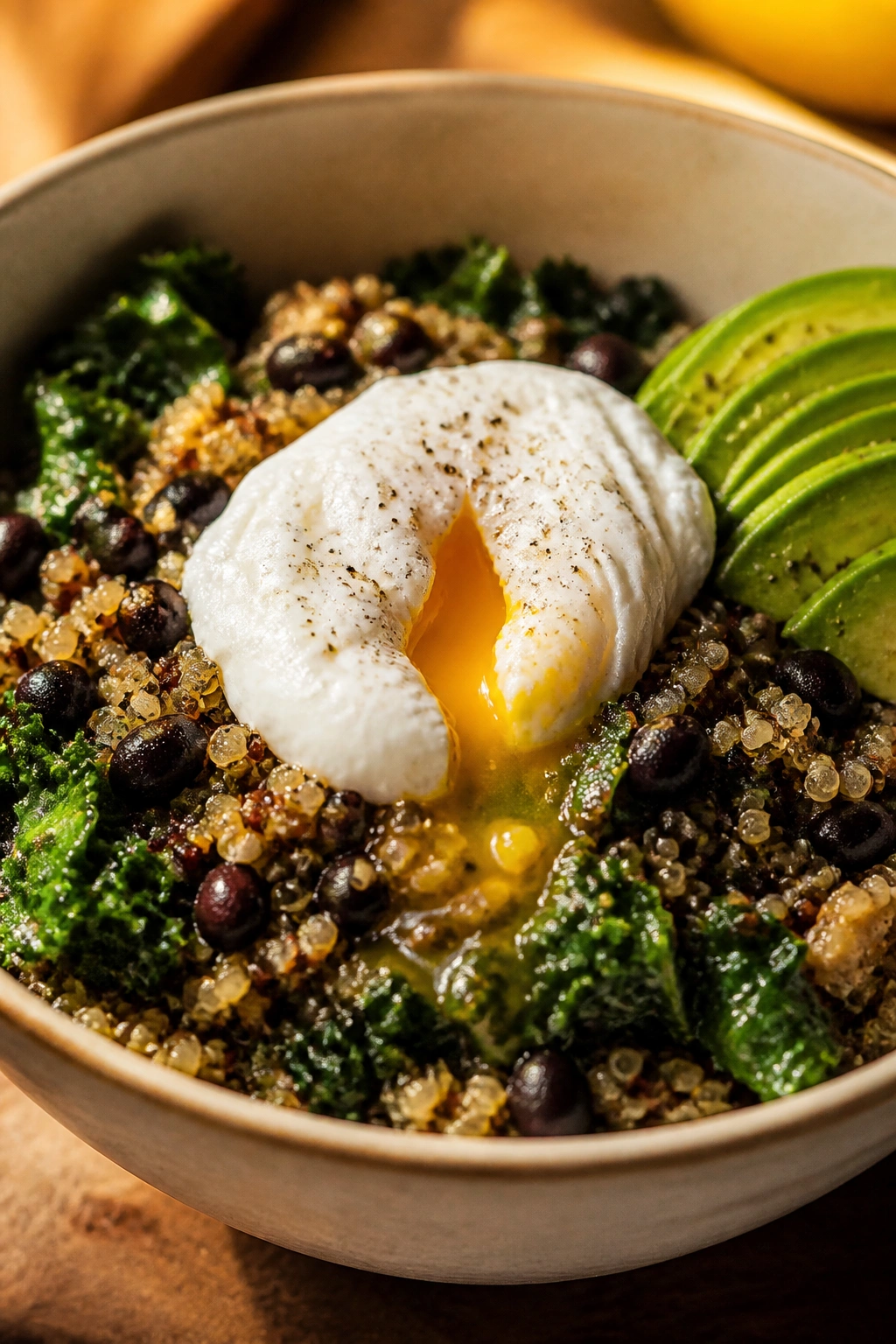 Close-up of a savory quinoa breakfast bowl with kale and beans