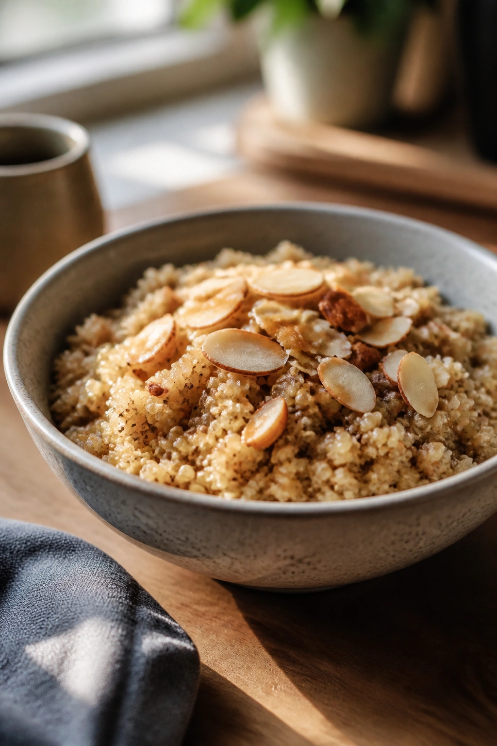 Quinoa breakfast bowl topped with almonds in a kitchen
