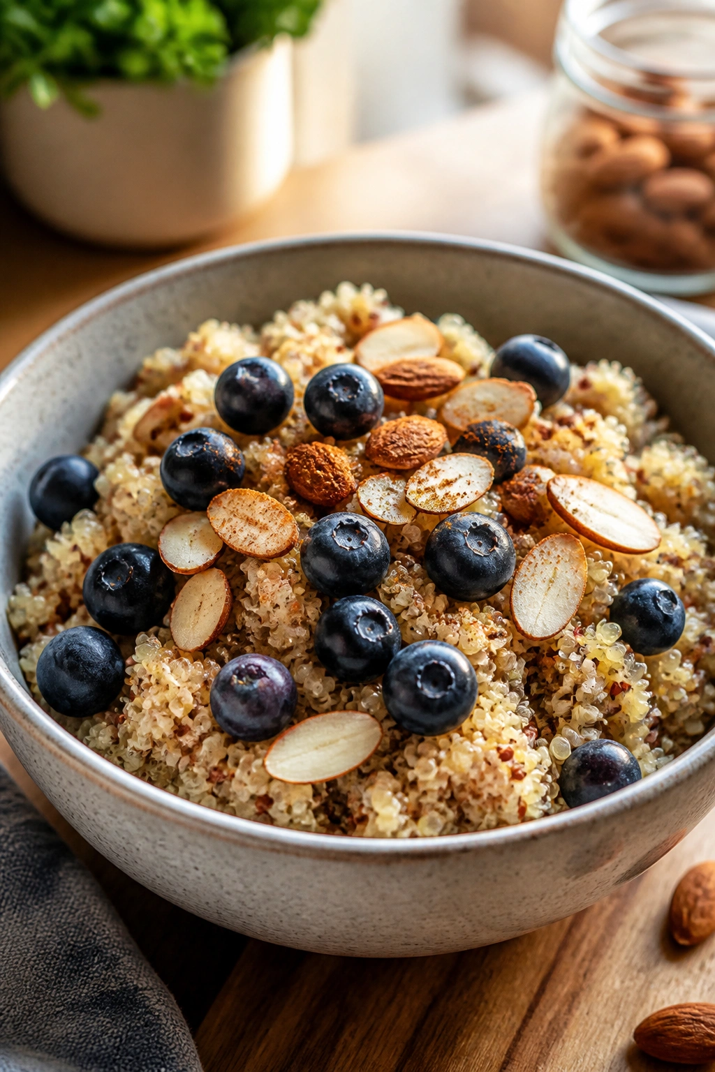 Close-up of quinoa breakfast bowl with almonds and blueberries in a warm kitchen