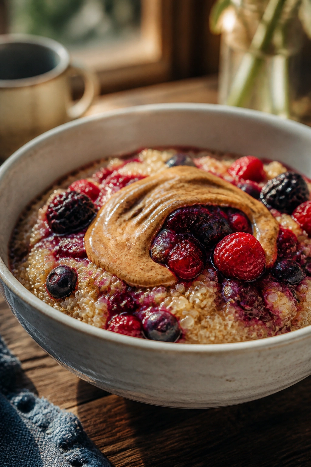 Close-up quinoa breakfast bowl with berries and almond butter.