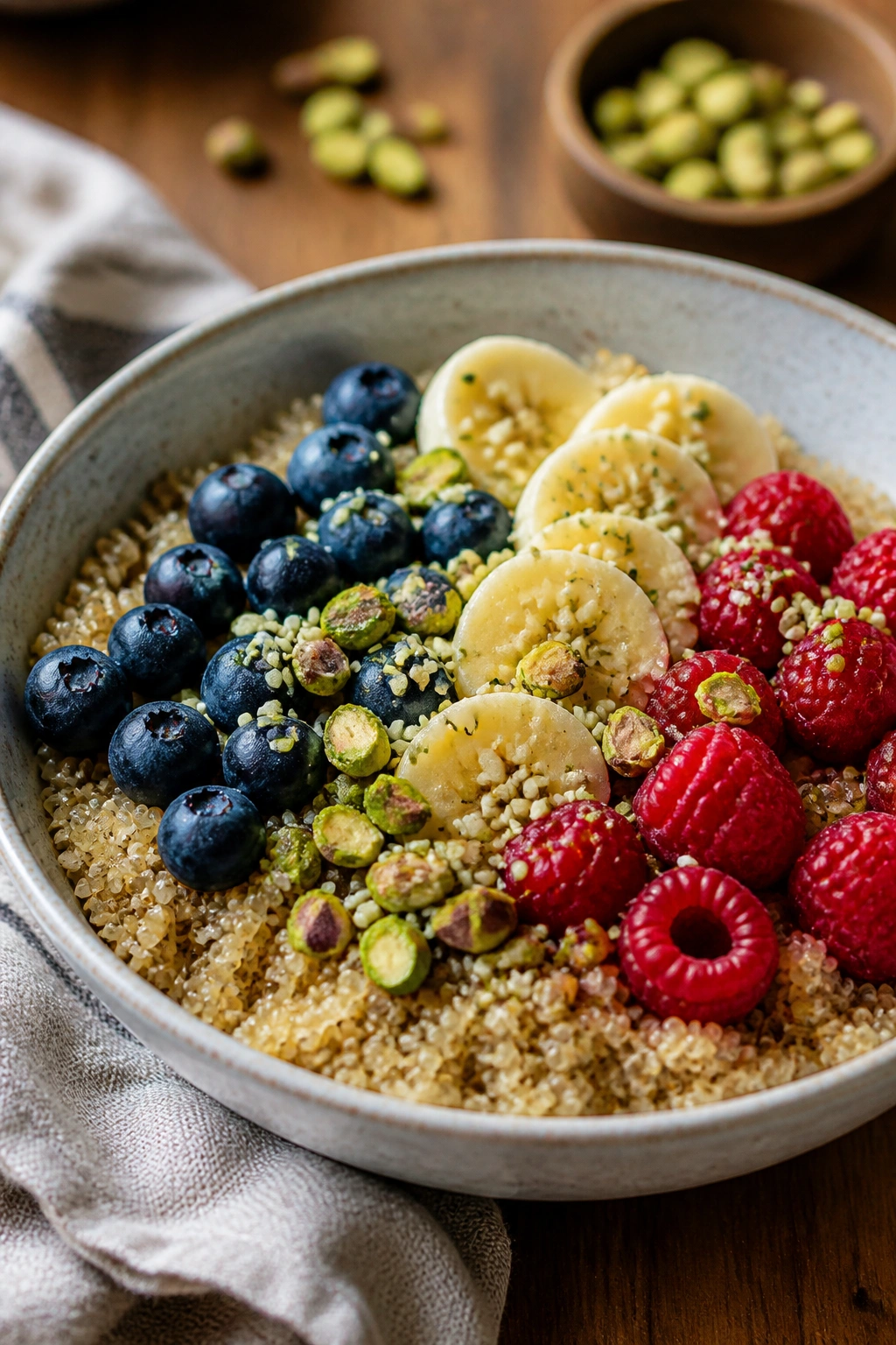 Quinoa breakfast bowl topped with berries and banana slices