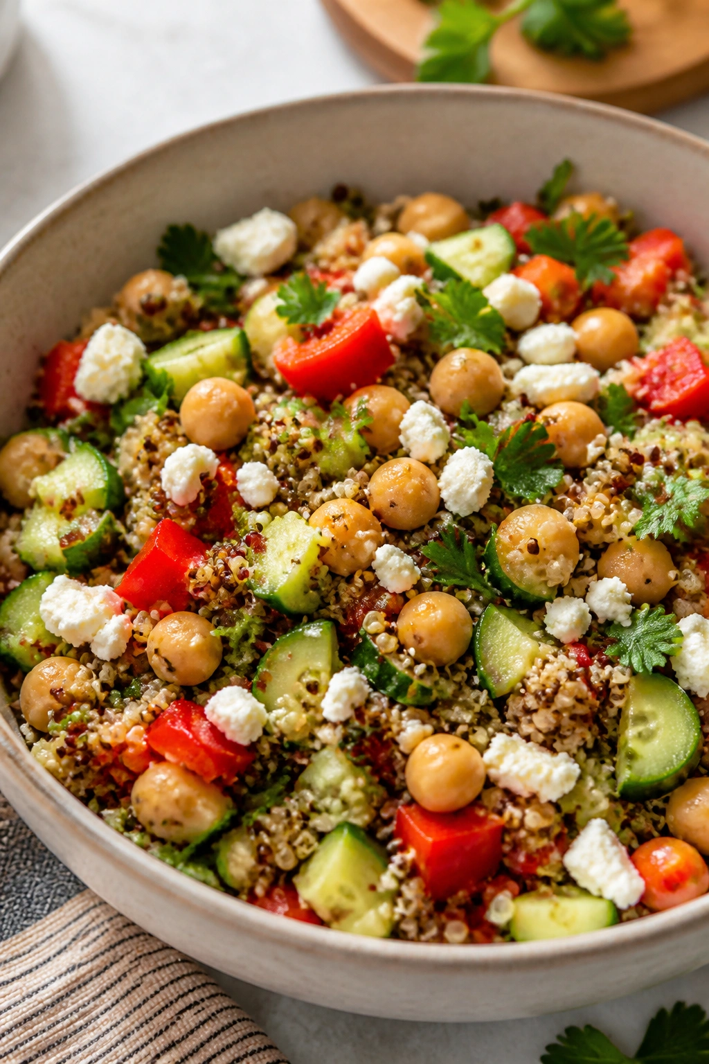 Bright quinoa salad with chickpeas and feta in a bowl on a clean table