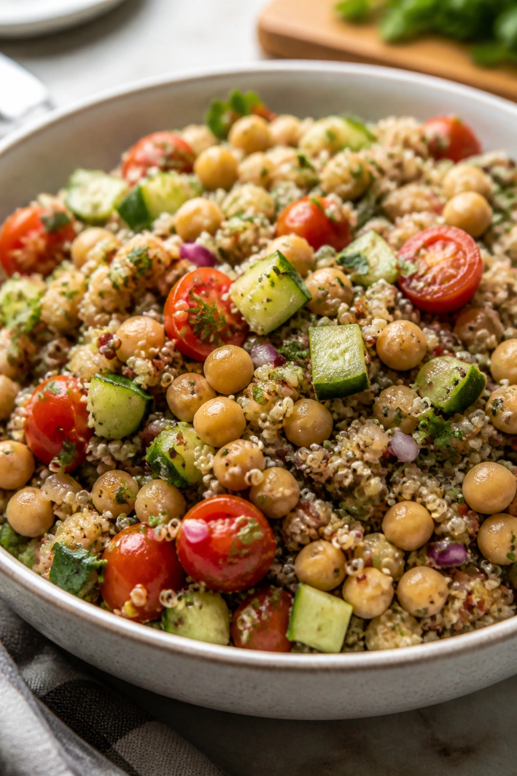 Bowl of quinoa salad with chickpeas on a wooden table