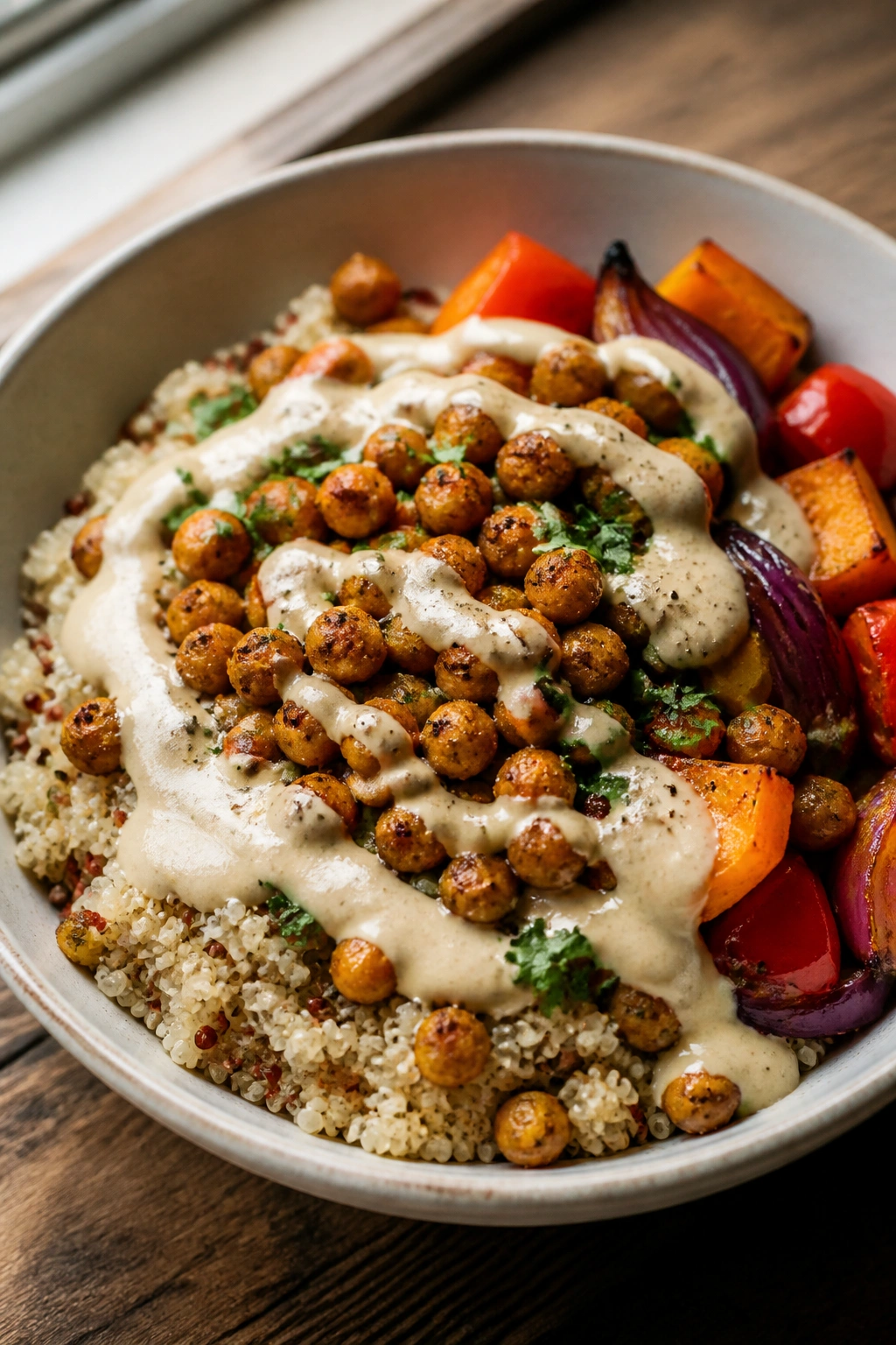 Close-up of quinoa bowl with crispy roasted chickpeas and tahini on a wooden table