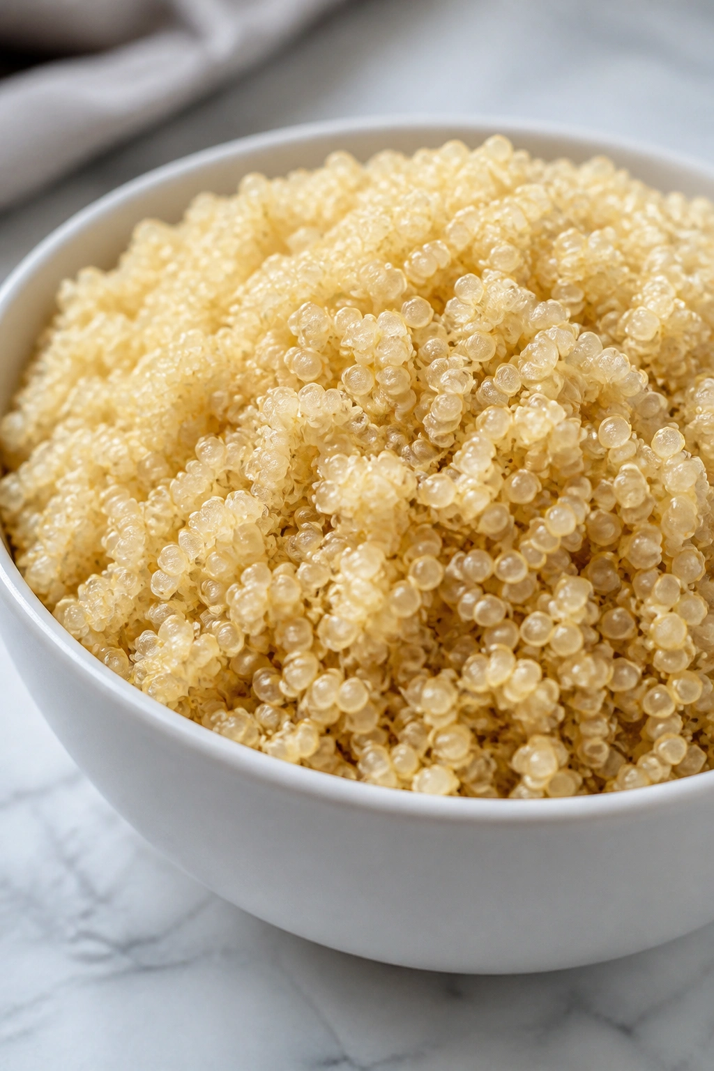 Mound of quinoa in a white bowl on a kitchen counter