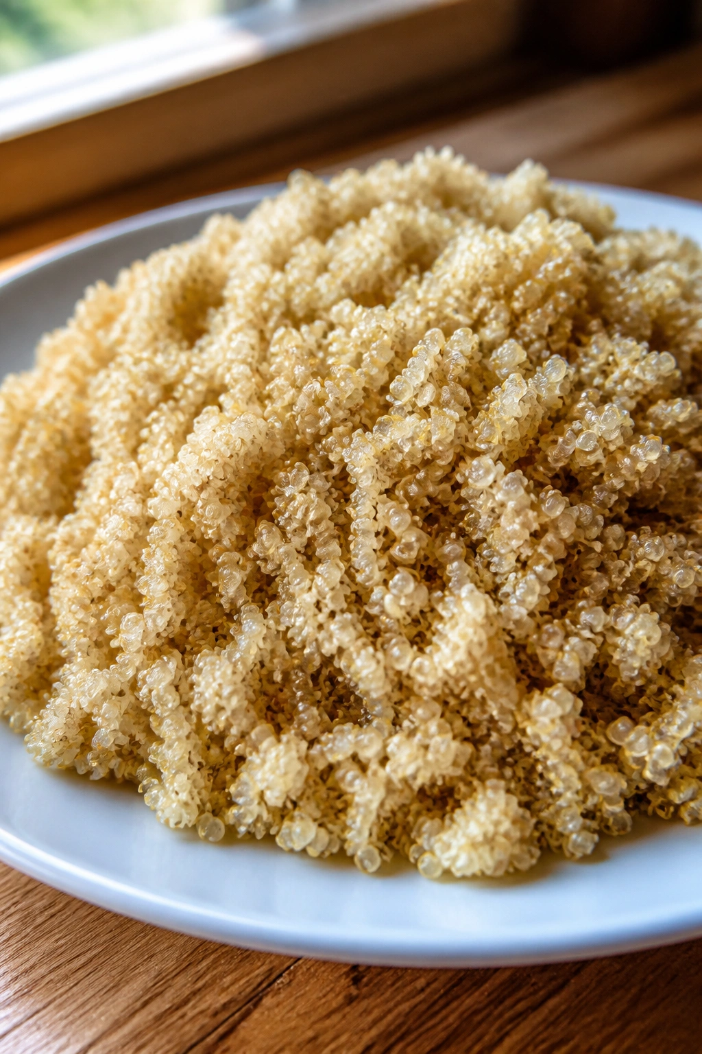 Close-up of fluffy cooked quinoa mound on a plate in a warm kitchen