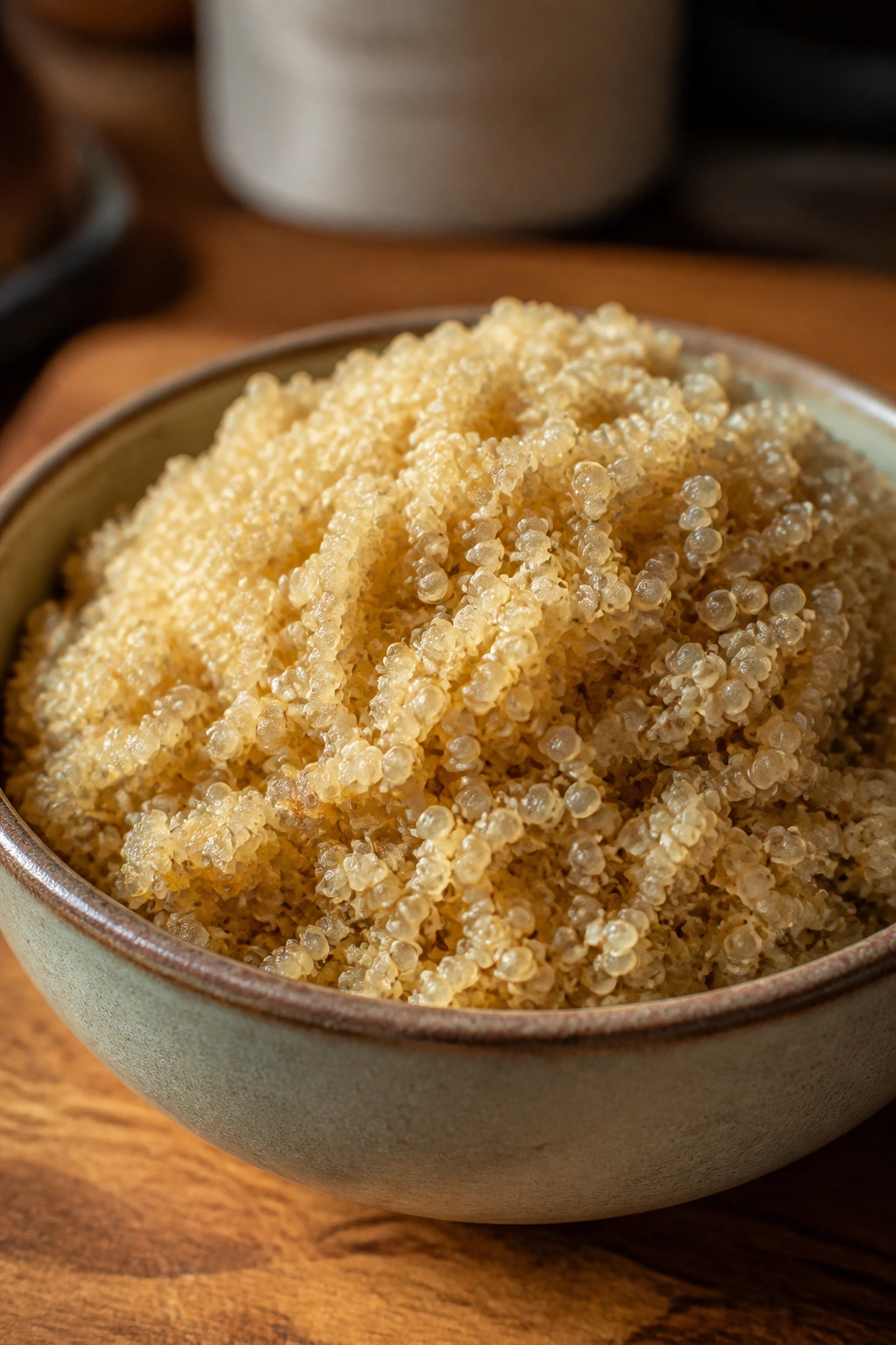 Close-up of fluffy cooked quinoa in a small bowl