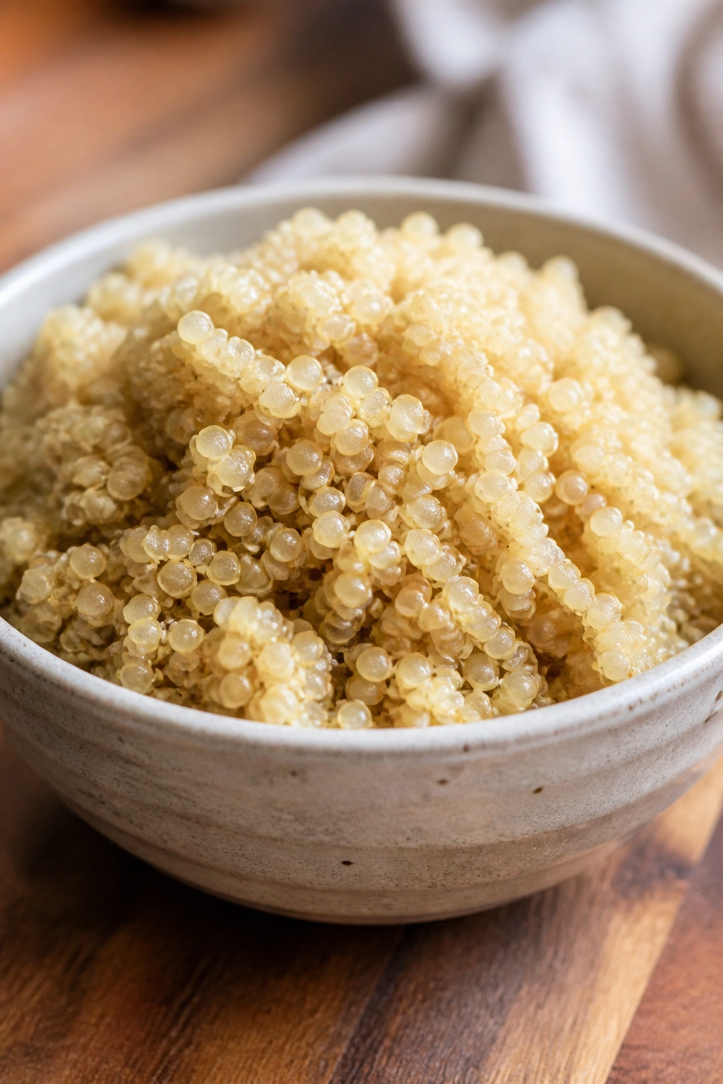 Fluffy cooked quinoa in a ceramic bowl on a kitchen counter
