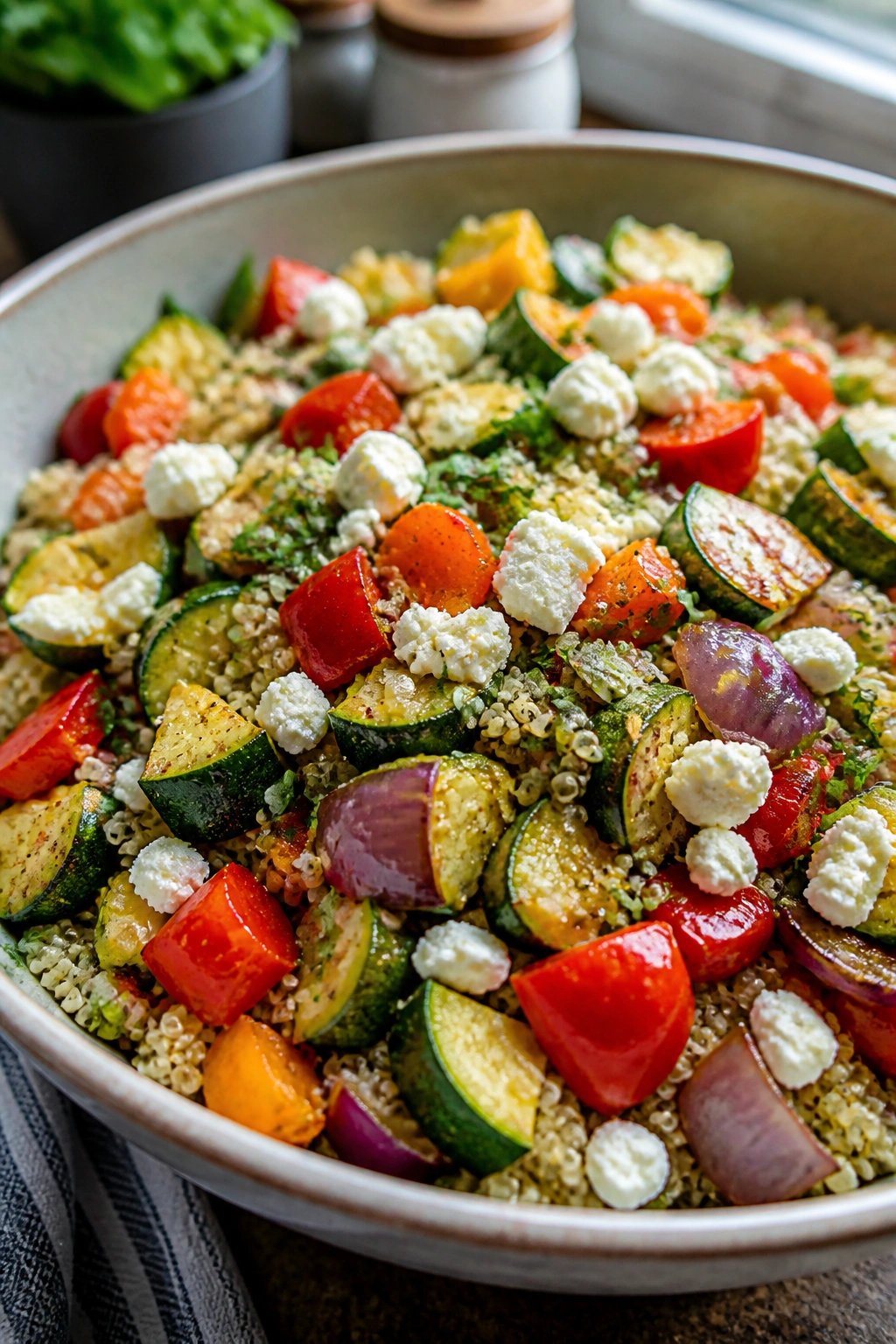 Close-up of quinoa salad with roasted vegetables and feta in a bowl