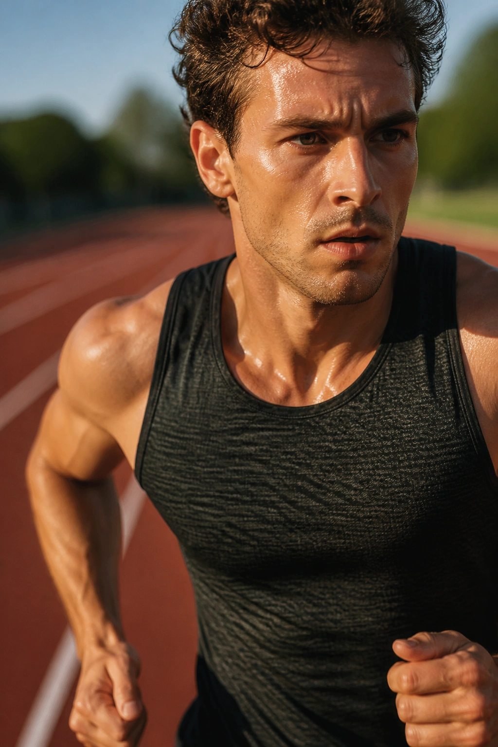 Close-up of a runner during race-pace intervals on a track