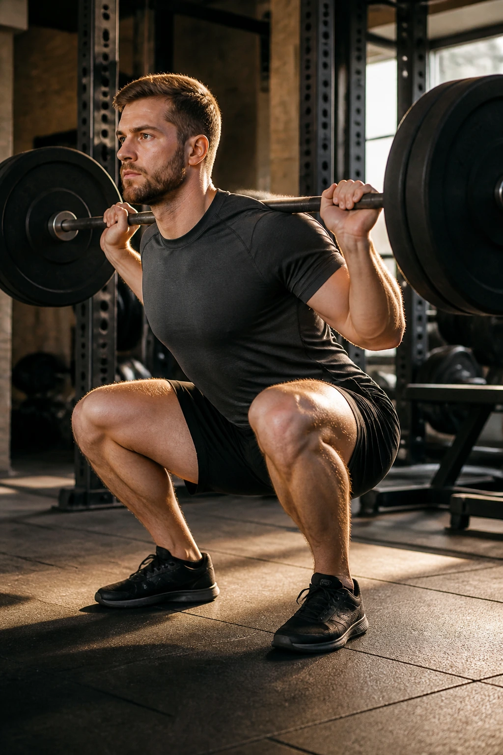 Close-up of a lifter in a deep squat showing full range of motion in a gym