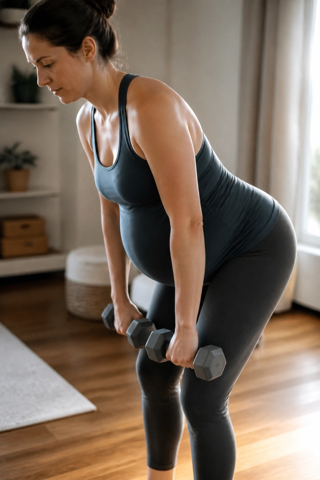 Close-up of a pregnant woman performing Romanian deadlifts with light dumbbells in a home gym