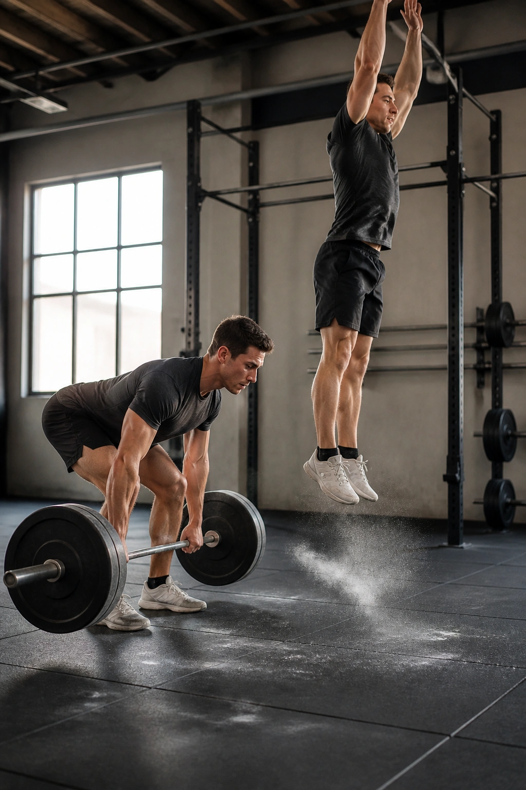 Athlete performing RDL with bar and preparing for vertical jump in gym