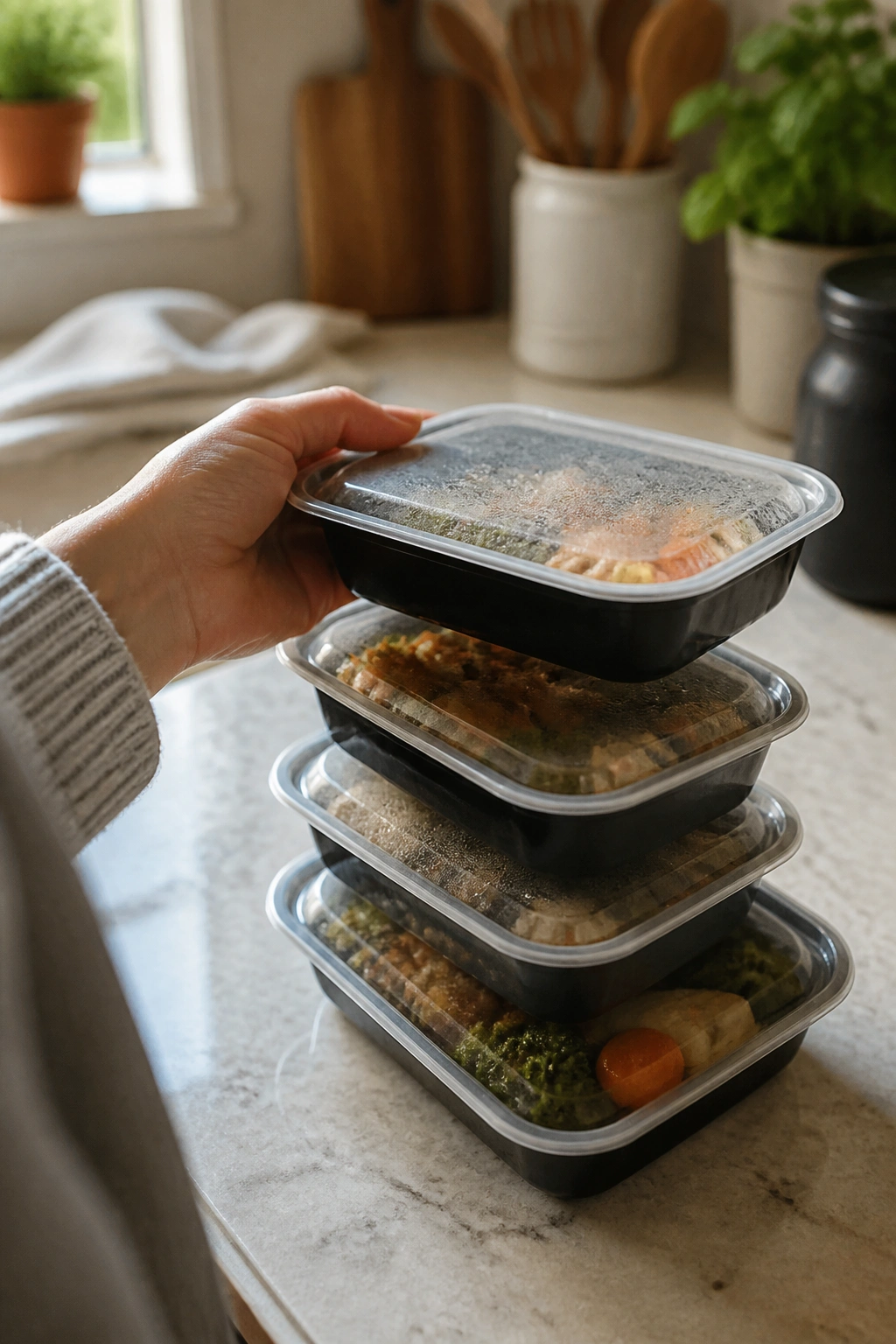 Stack of ready-to-heat meal containers on a kitchen counter