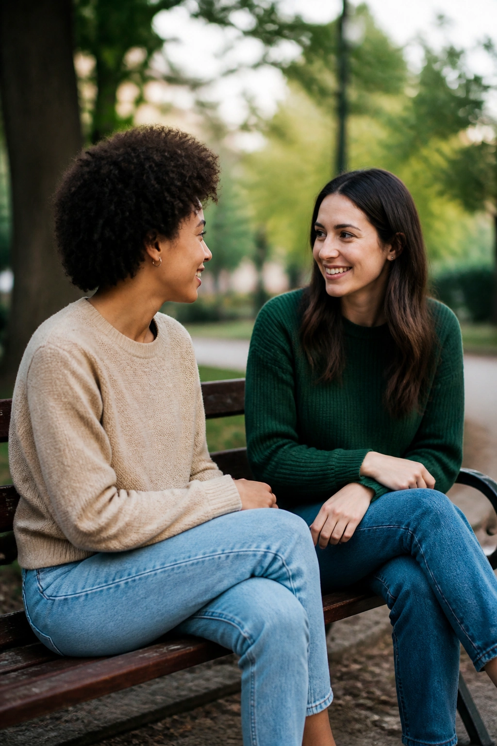 Two friends on a park bench talking with phones out of view