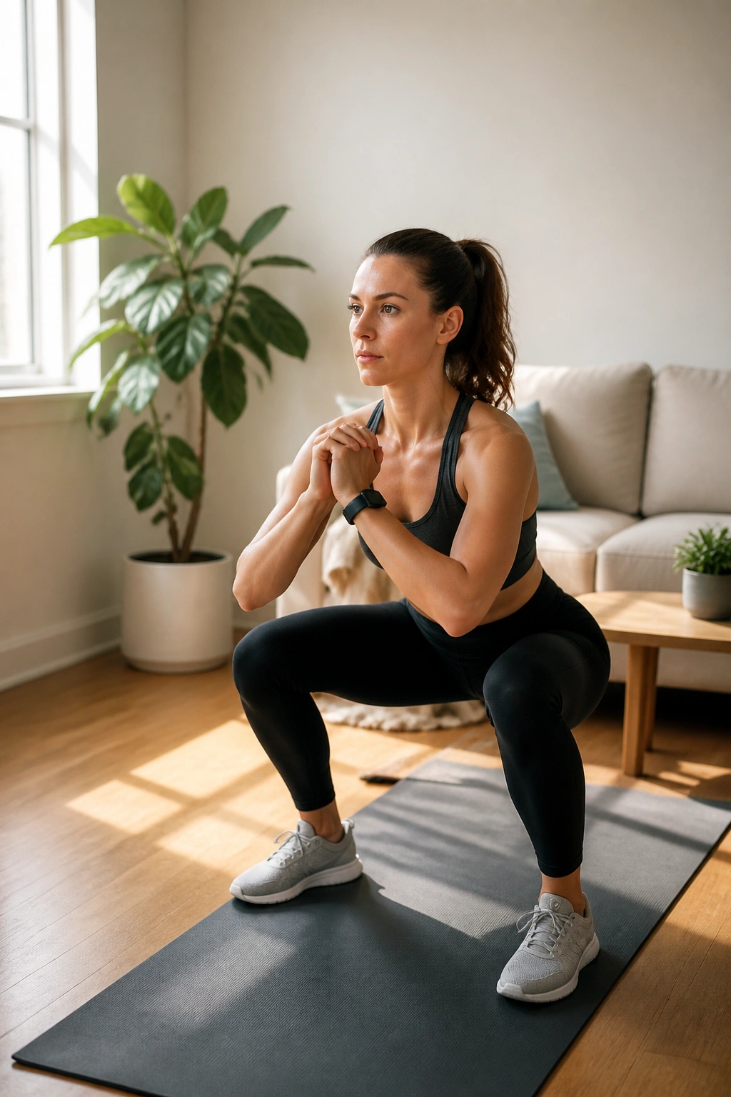 Medium shot of a person performing a floor workout on a yoga mat in a bright living room