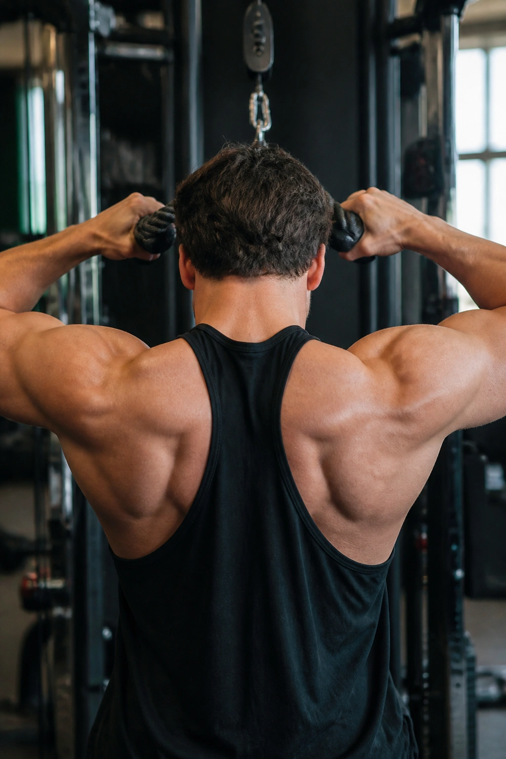Real person performing face pulls for rear delts in gym