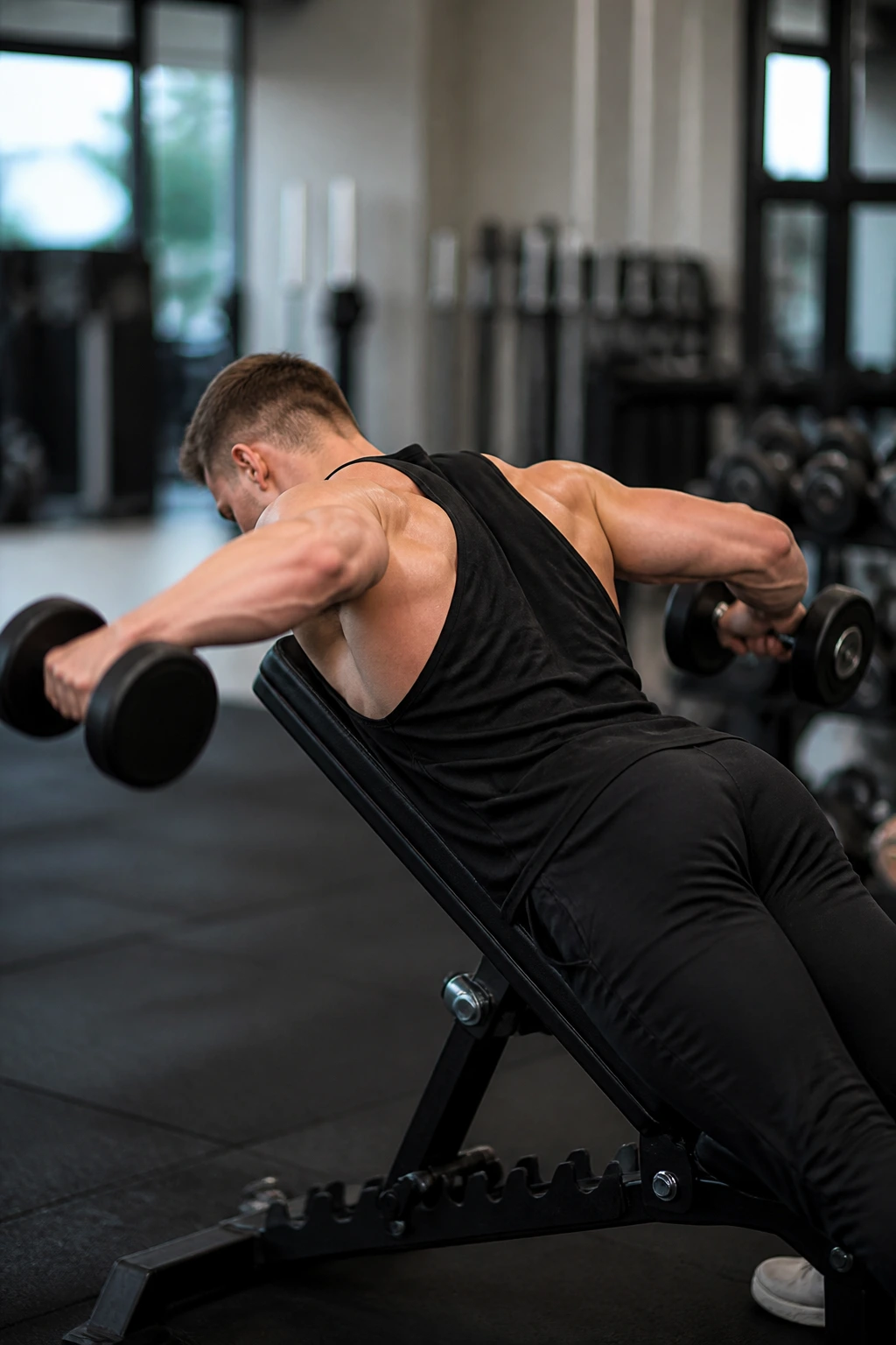 Real-person performing chest-supported rear delt fly on incline bench in gym.
