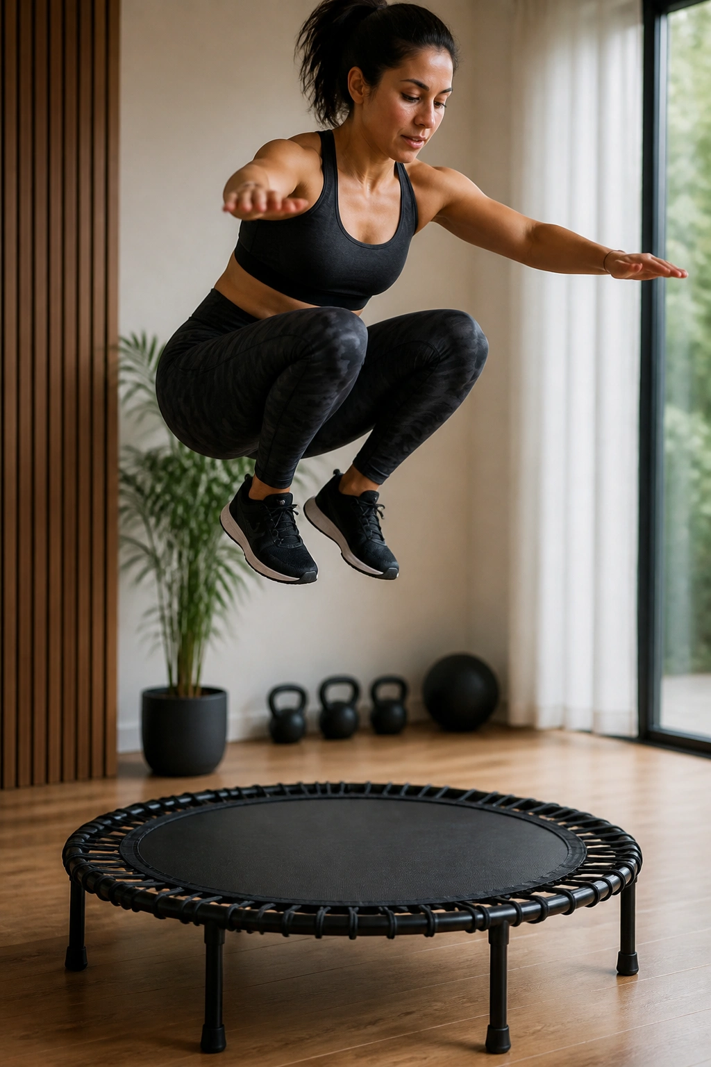 Person jumping on a mini-trampoline in a home gym