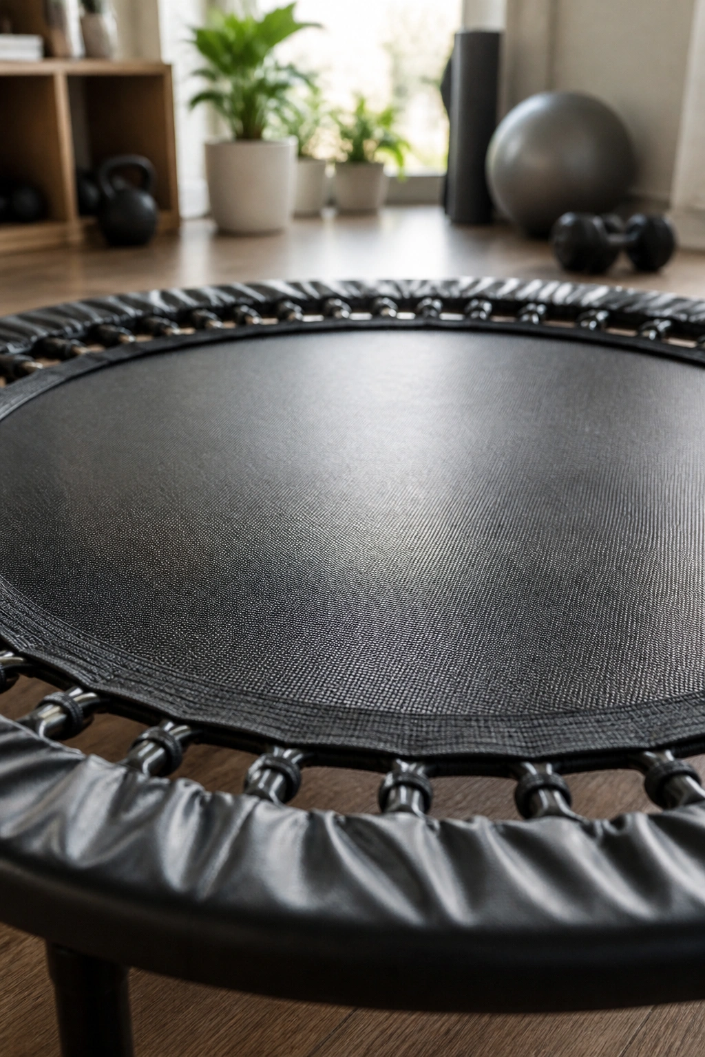 Close-up of a rebounder mat dominating the frame in a gym setting