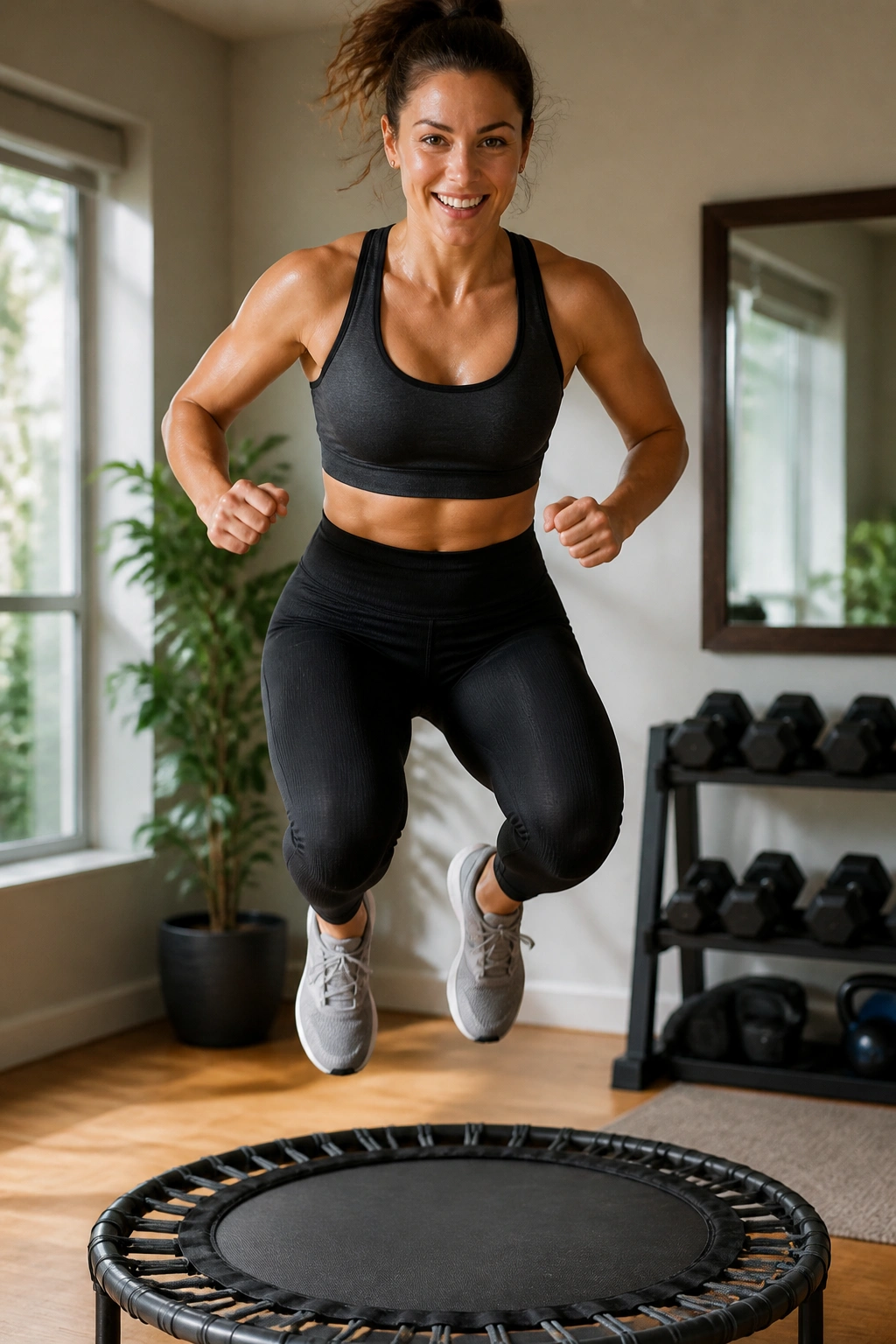 Close-up of a person mid-jump on a mini-trampoline in a home gym