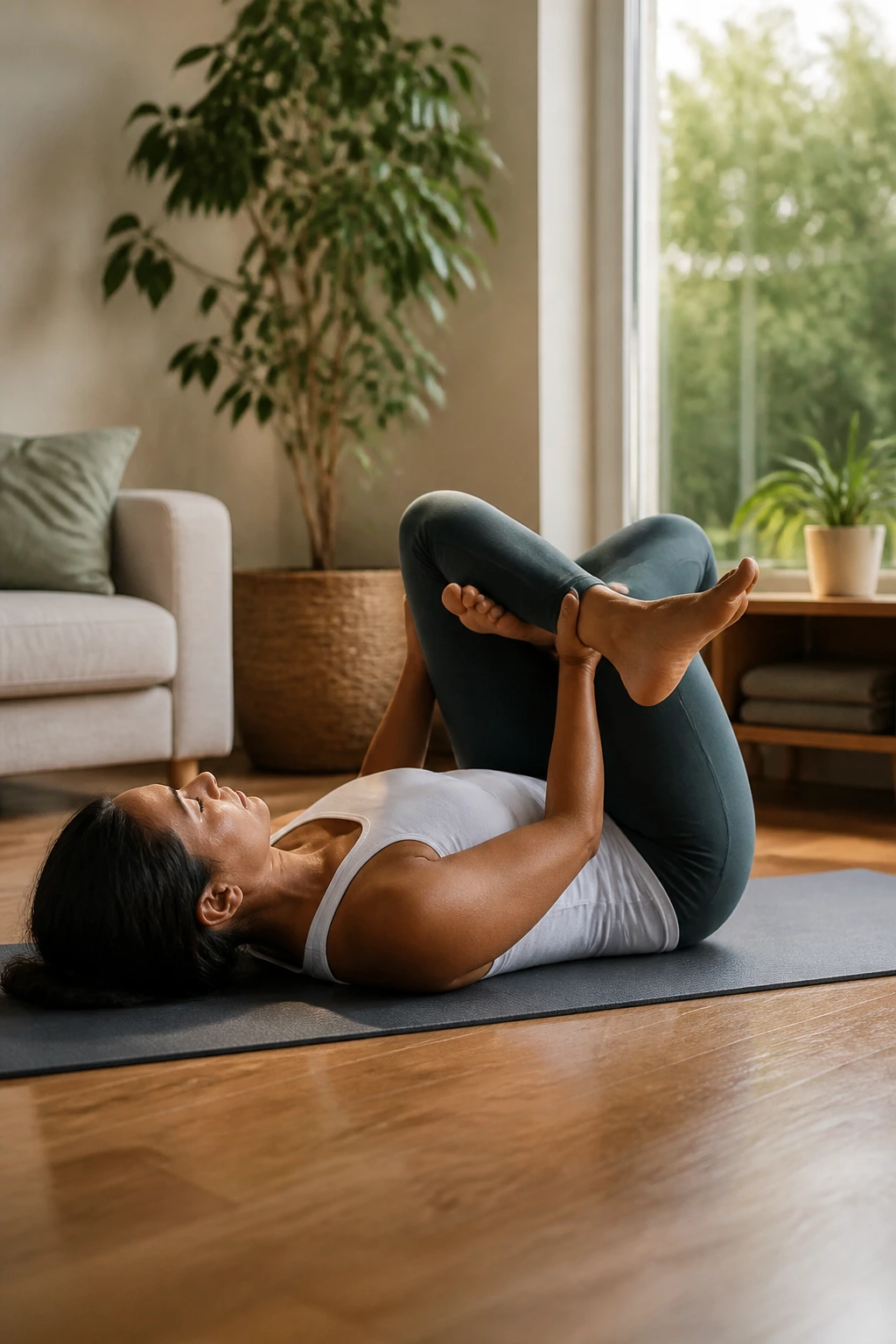 Reclined figure four stretch on back with ankle over thigh on mat