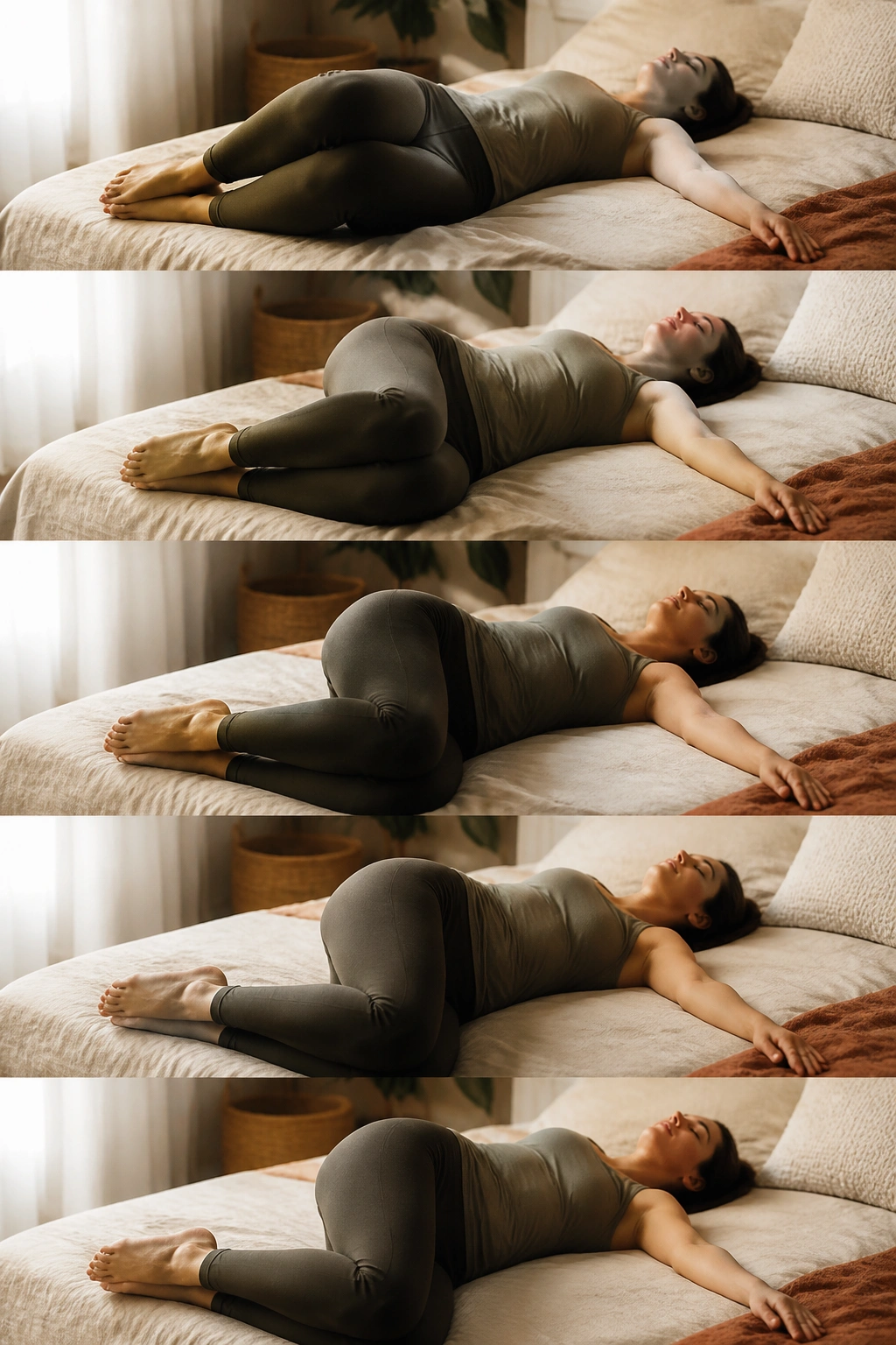 Close-up of a person in reclined twist ladder on a bed, knees bent, twisting to the side