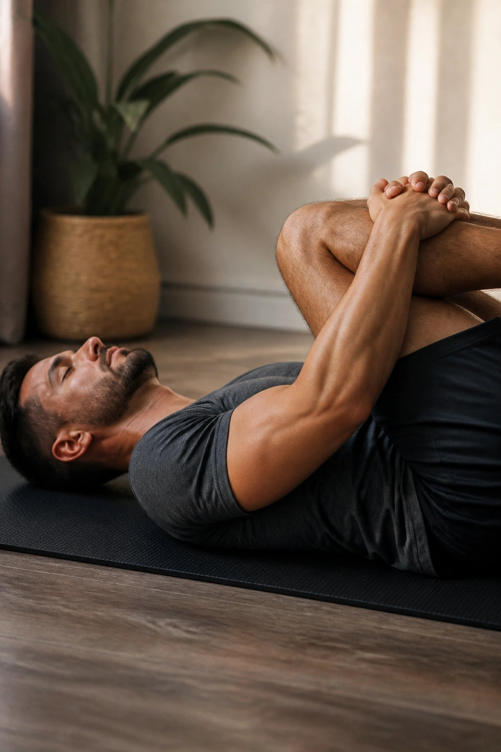 Person resting on mat during recovery, calm expression