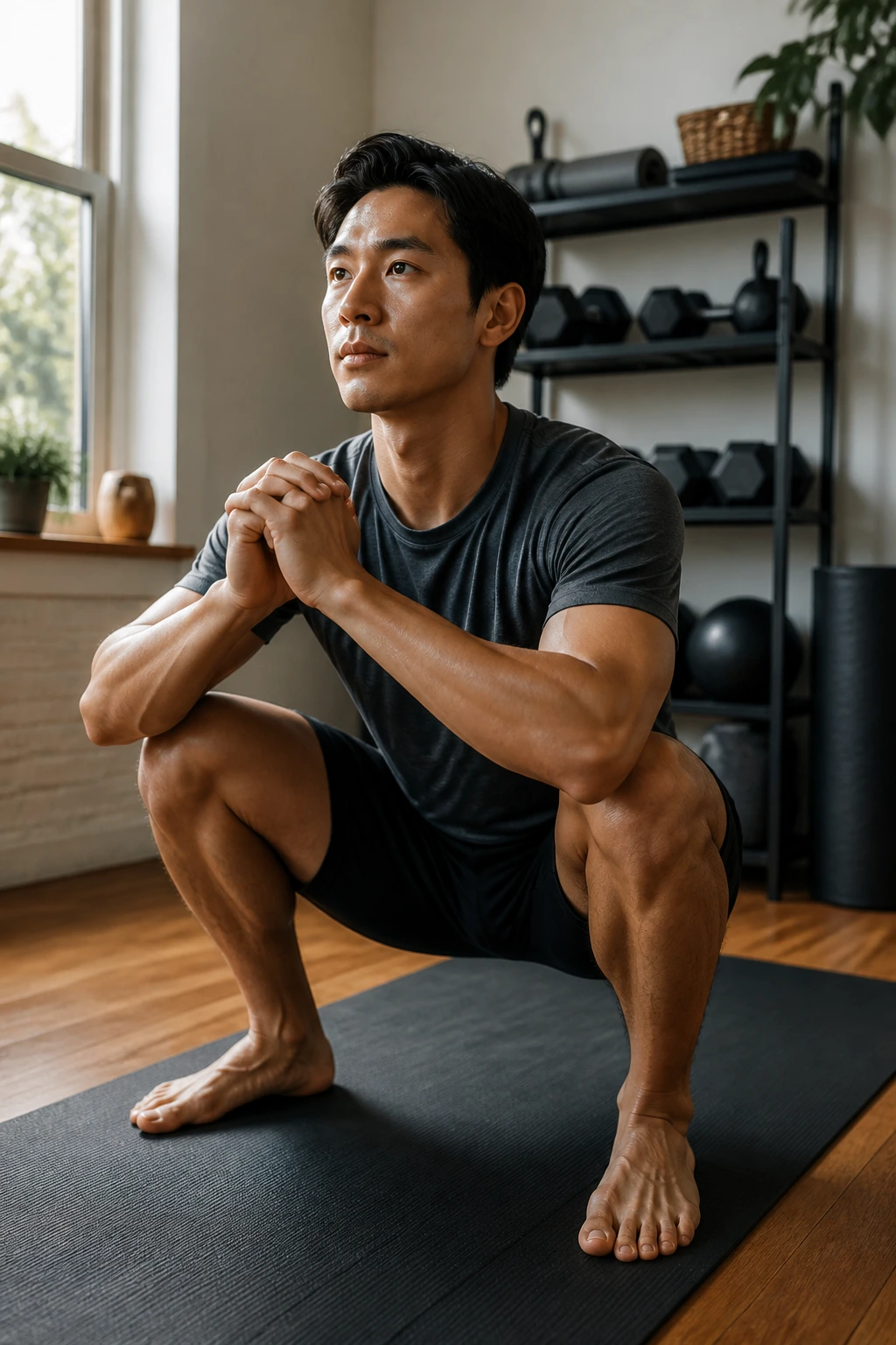 Person performing slow squat in a home gym as part of a recovery strength and stretch circuit
