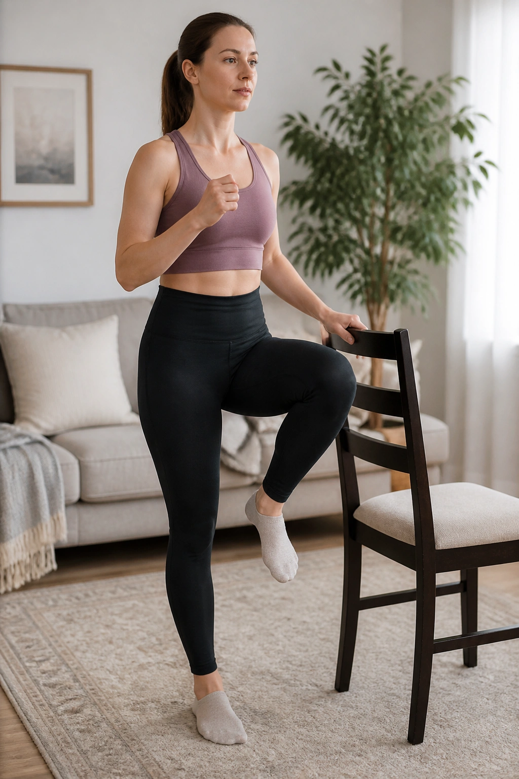 Person performing a gentle home recovery circuit for pelvic floor