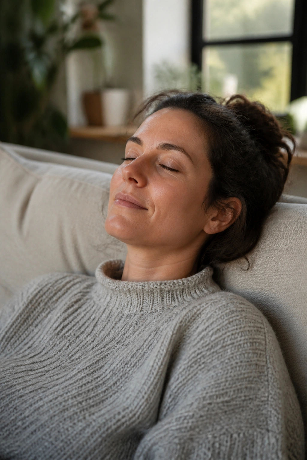 Close-up of a relaxed person resting on a couch in natural light