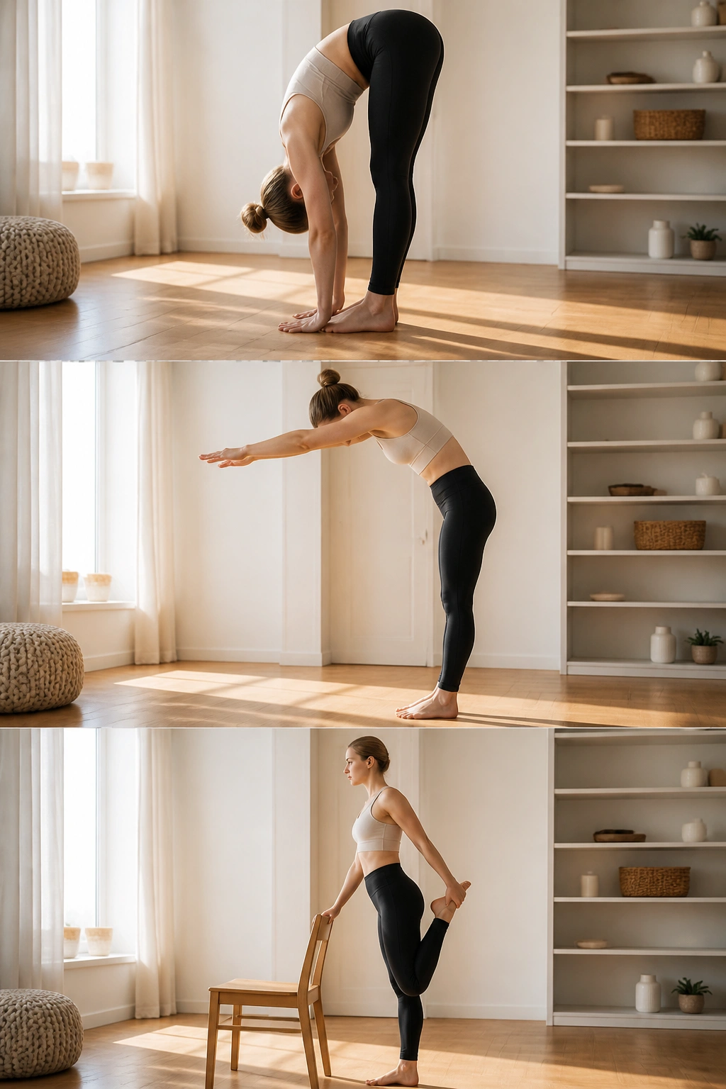 Person performing standing forward fold in a home setting, reaching toward toes with support from a chair.