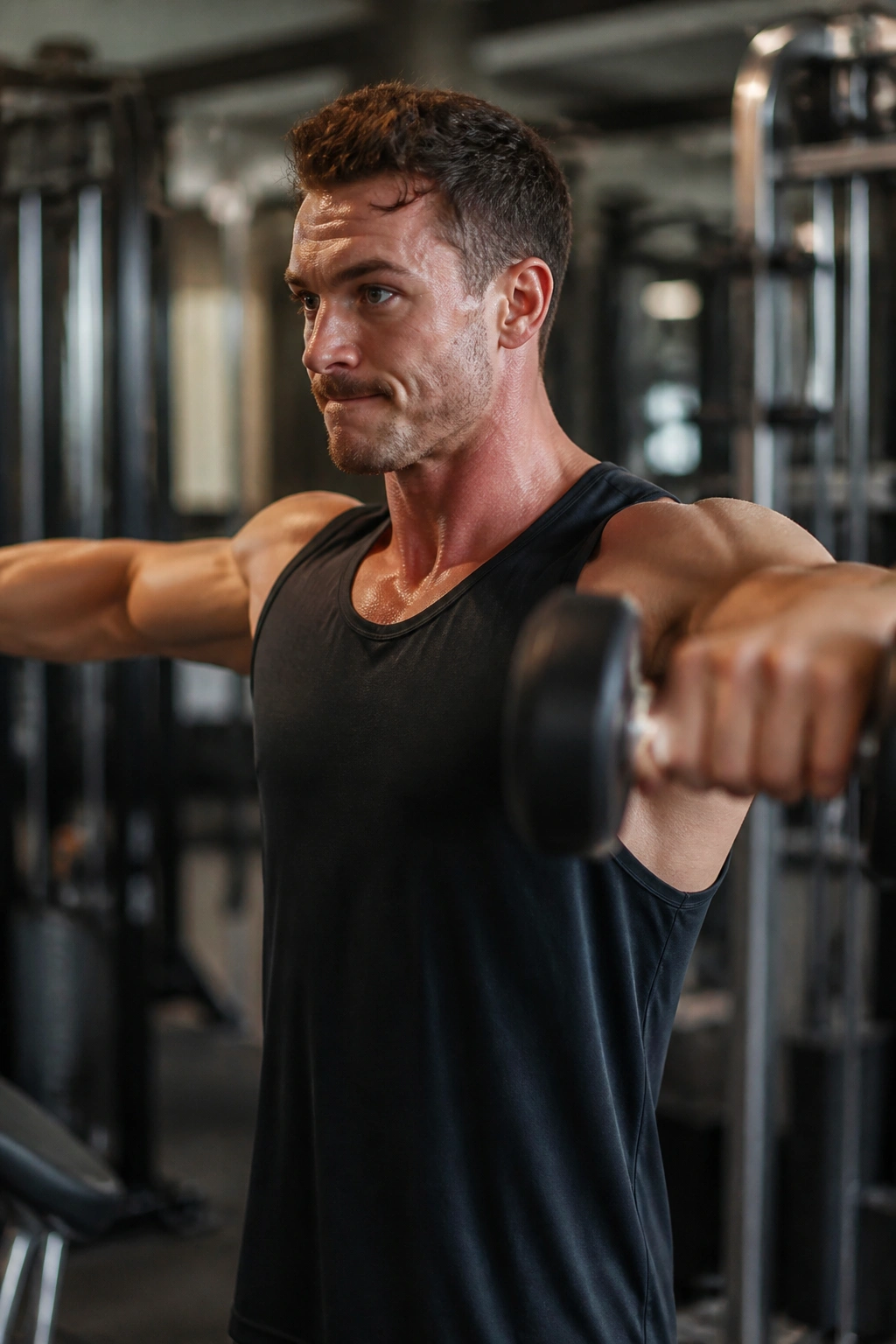 Close-up of person performing a light dumbbell lateral raise in a gym