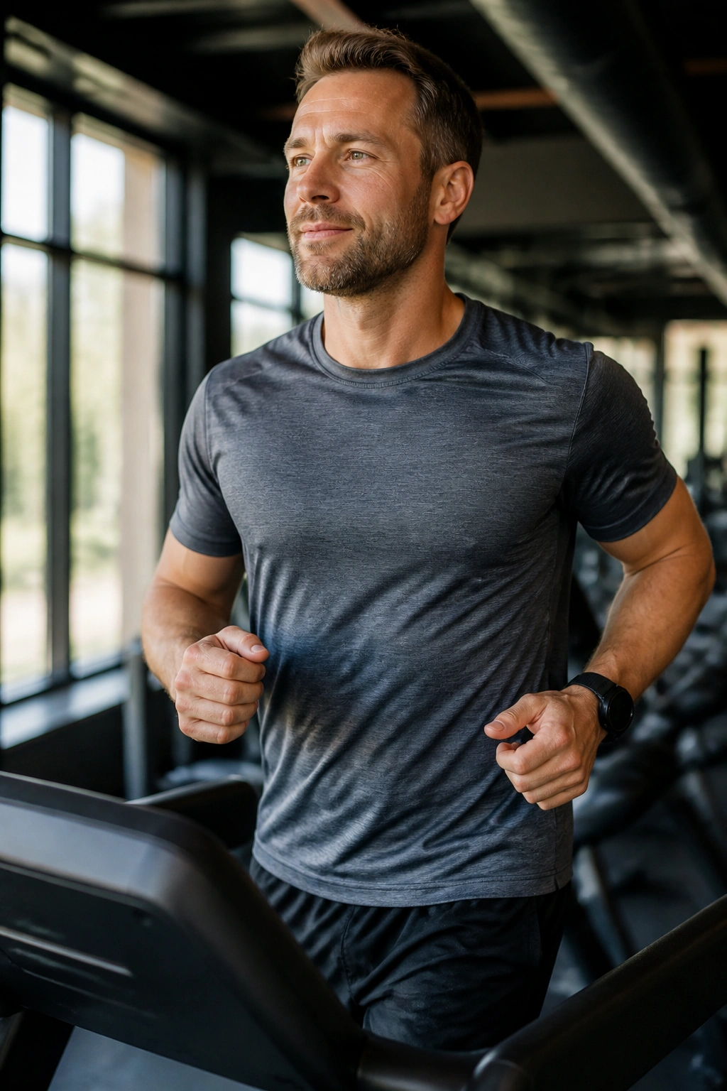 Runner on treadmill maintaining a comfortable steady-state jog