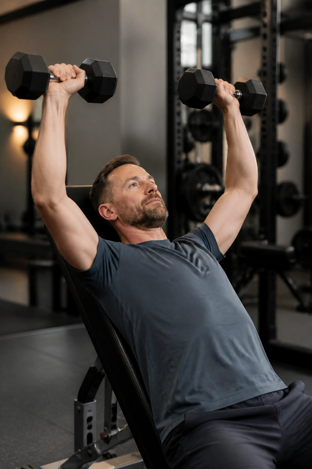 Person performing a light dumbbell press in a calm gym for recovery