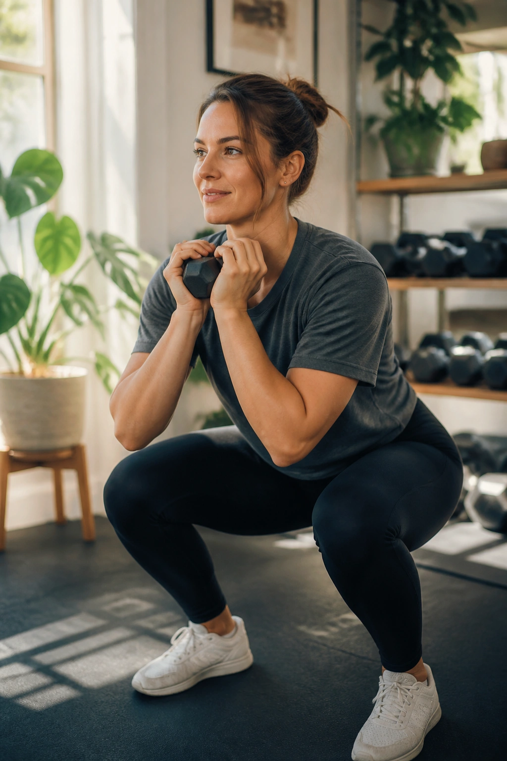 Person performing a light squat with a dumbbell in a home gym for recovery days