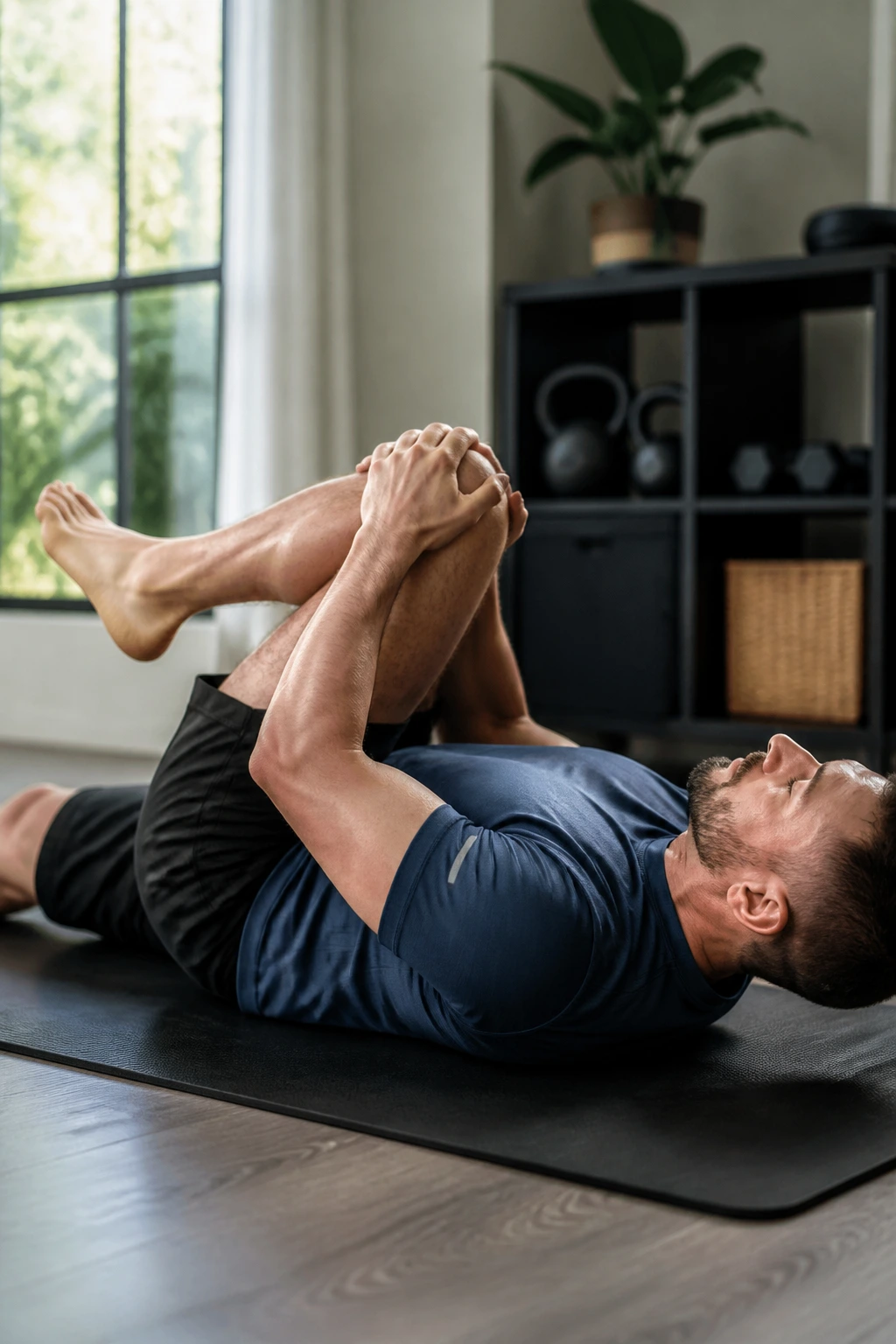 Person on a mat performing mobility drill in a calm home gym
