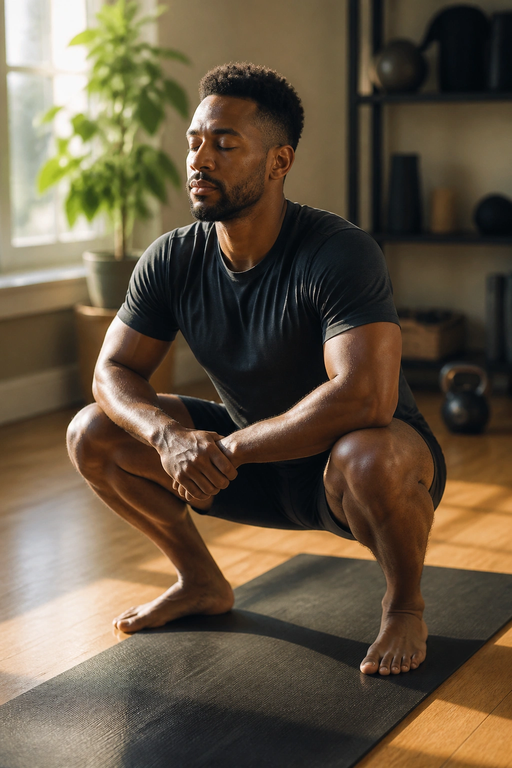 Person in a home gym performing a deep squat hold for recovery