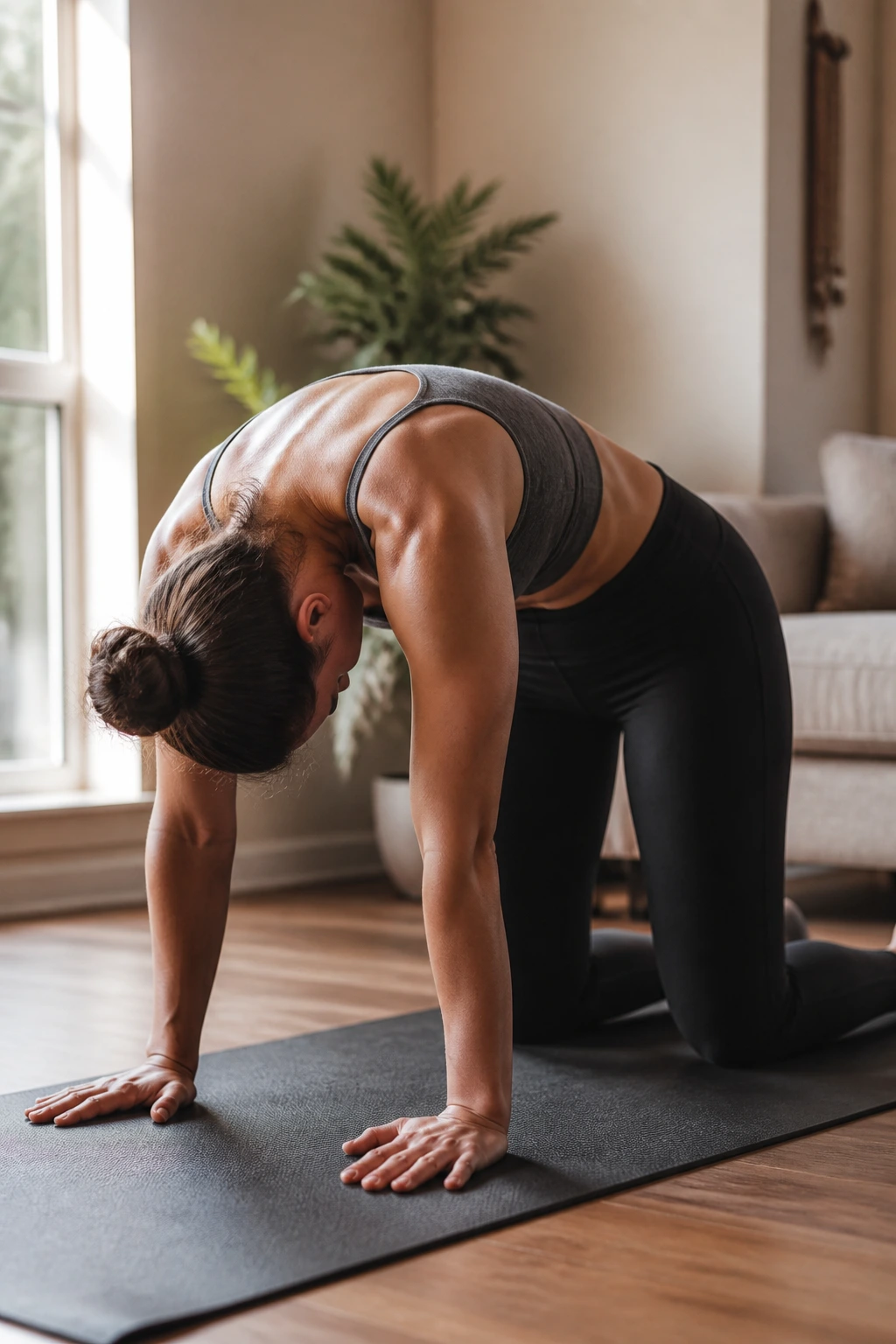 Real person performing cat-cow stretch on a yoga mat in a tranquil home environment