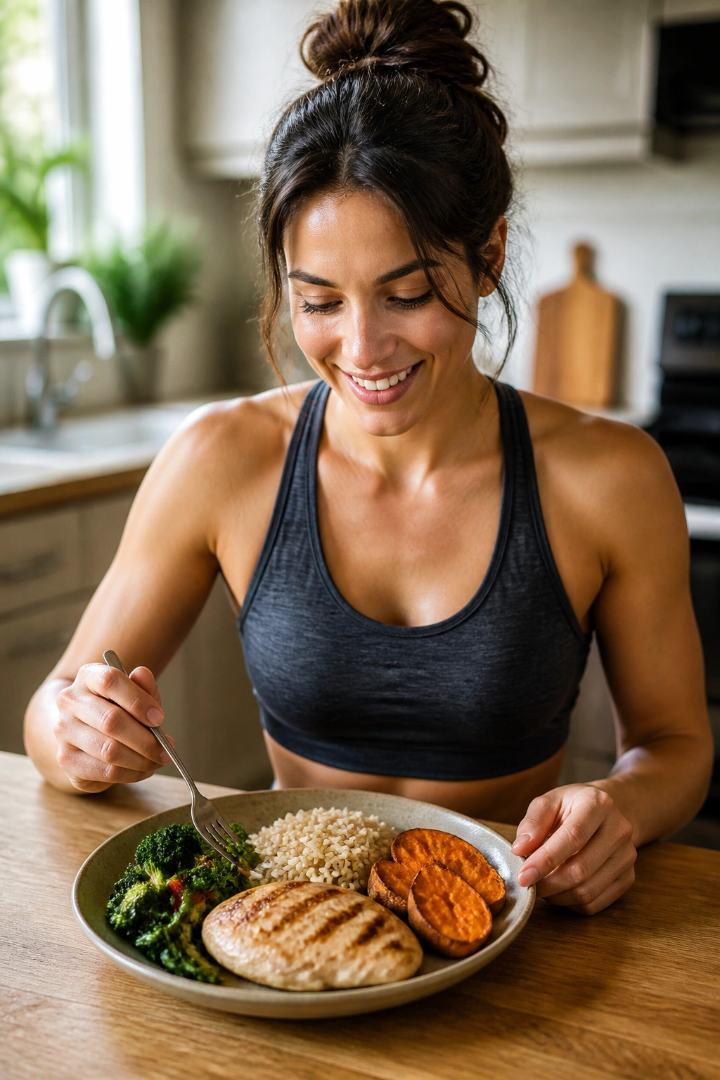 Person about to eat a balanced meal in a bright kitchen, emphasizing recovery nutrition.